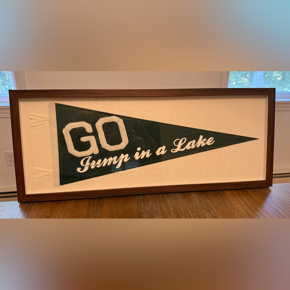 FRAMED ‘GO JUMP IN A LAKE’ FELT PENNANT/BANNER, 30x12”